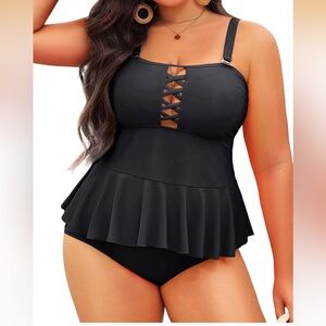 NWT Yonique Black Peplum Plus Size Chic Tankini